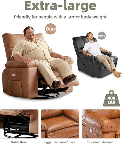 Oversized Electric Recliner Chair - 360° Rocker Swivel Recliner with Heat and Massage, PU Leather Large Power Recliner for Adults, Comfortable Lazy Chair with 1.5X Sponge Filling