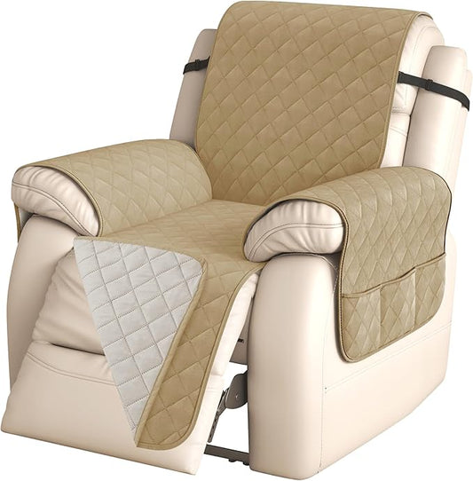 CHUN YI Recliner Chair Cover, Non-Slip Recliner Covers That Stay in Place, Washable Lazy Boy Recliner Covers with Pockets, Water Resistant Recliner Slipcover for Pets (Khaki, Large Recliner)