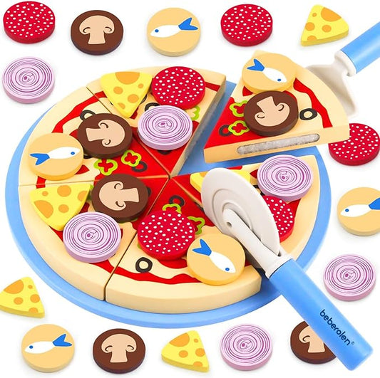 Wooden Pizza Toys for Kids, 24Pcs Cutting Toy Pizza Play Food Set, Pretend Play Kitchen Accessories Wood Cooking Toys for 3 4 5 Year Old Toddlers Boys Girls