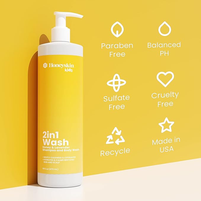 Kids Gentle Moisturizing Shampoo and Hypoallergenic Body Wash - Hydrating Shampoo and Organic Baby Wash for Sensitive Skin with Honey and Lavender (16oz)