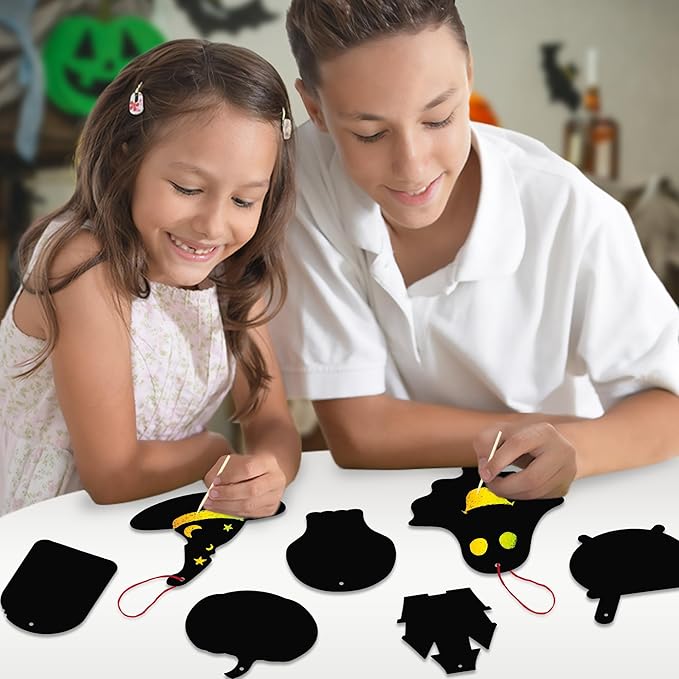 ArtCreativity Halloween Crafts (Bulk) - Scratch Art for Kids, 60 Sets with 60 Designs, 60 Sticks & Red Strings - Magic Colorful Scratch Art Party Favors, DIY Activity for Kids Classroom Decoration
