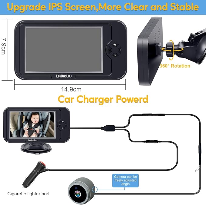 Baby Car Camera for Backseat 1080P - HD Crystal Night Vision, Easy to Install, 360° Rotation, Protect Baby's Eye, Perfect for Grey Car Interiors, Rear Facing Backseat Camera for Newborn, Infant, Kids