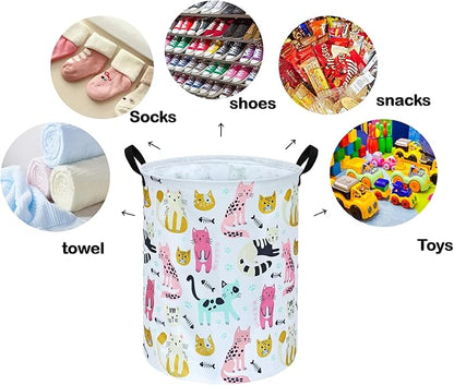 Round Cat Pattern Laundry Basket Laundry Hamper Storage Basket Organizer