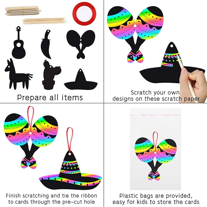WATINC 60pcs Mexican Fiesta Scratch Cards Art Set for Kids Adults, Cinco De Mayo Party Decorations Favor, DIY Magic Colorful Art Craft Kit, Scratch Paper Ornaments for Birthday Party