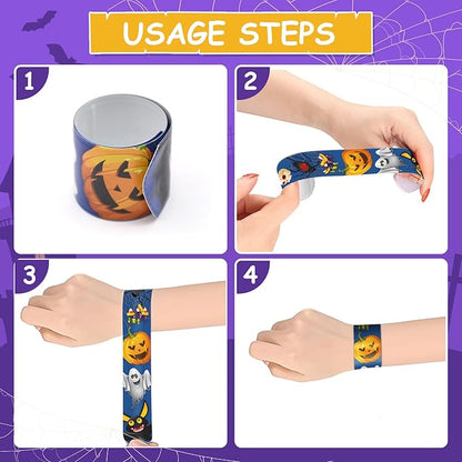 48 Pieces Halloween Slap Bracelets Bulk Party Favors for Kids - 12 Designs Snap Bracelets for Halloween Decorations, Halloween Goodie Treat Bag Stuffers Classroom Prizes Exchanging Gifts Supplies