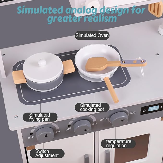 Wooden Kitchen Sets for Kids, Play Toddler Kitchen Playset, Chef Pretend Kitchen with Plenty of Play Features, Toy Kitchen with Toy Food & Cookware Accessories, Early Education Toy Gift for Boys Girls