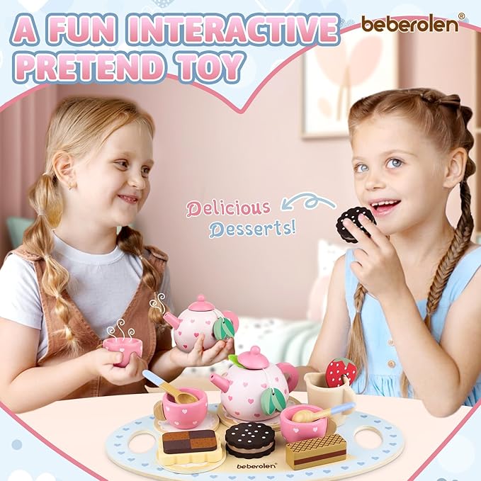 Wooden Tea Set for Little Girls Birthday Gift 2-4 Year Old Princess Toys Play Food Sets for Kids Kitchen Accessories Toddlers 3-5 Outdoor Party 1-3 Pretend Food Dessert Cookies Wood Toy