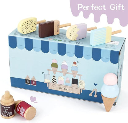 Wooden Ice Cream Toy,Pretend Play Food Toys,Play Ice Cream Counter Set for Kids,Play Kitchen Accessories for Toddlers Girls Boys Ages 3+