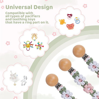 Pacifier Clip for Boys Girls Floral Daisy Macrame Baby Paci (2pack:Pink &