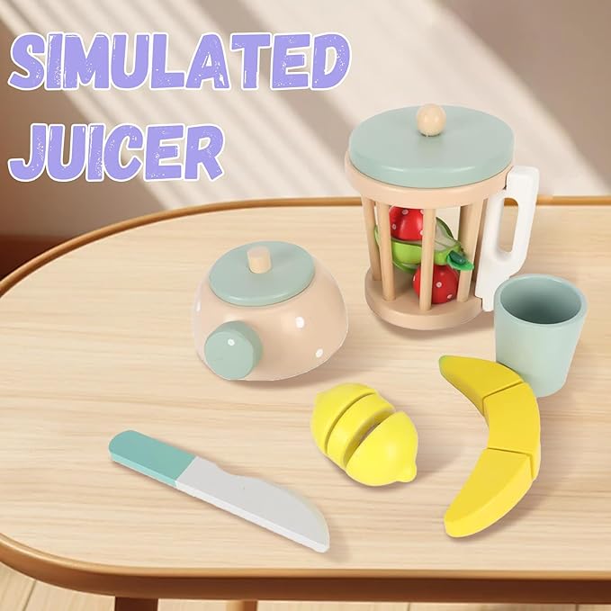 Wooden Blender Toys Play Kitchen Set for Kids-Fruit Juicer Maker Toy,Pretend Cutting Fruits Toys Mixer Food Play Kitchen Accessories for Kids,Toy Blender for Kids 3+ Years Old（Wood Fruit Blender）