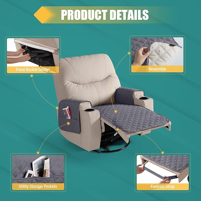 Ruaozz Waterproof Recliner Chair Covers Non Slip Chair Covers Washable Recliner Covers for Reclining Chair with Pockets Covers for Recliner Chair for Pets, Kids (Dark Grey, Medium-25'')