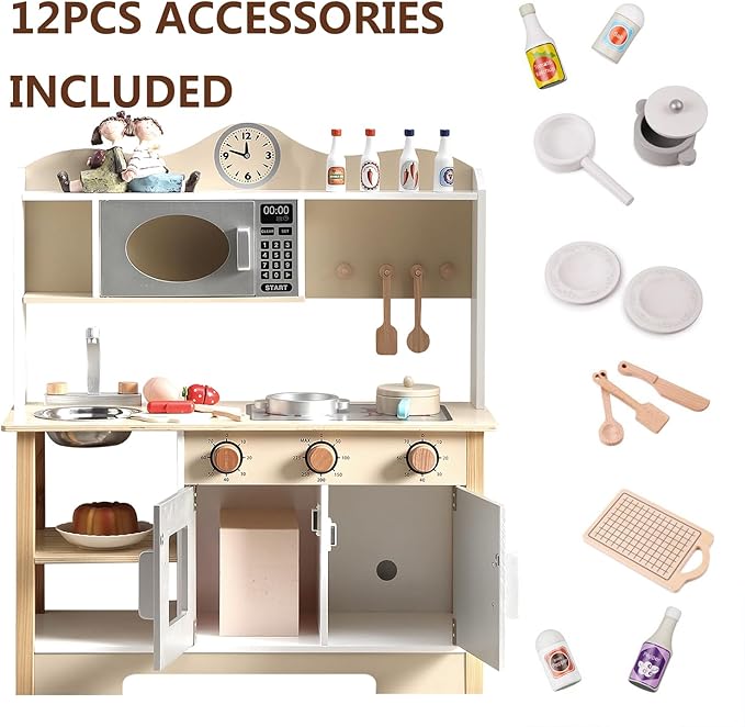 Wooden Play Kitchen, Kids Toy Kitchen Cooking Set, Kids Play Kitchen Pretend Play Set, Pretend Kitchen Playset for Toddlers Boys and Girls 3-7+