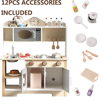 Wooden Play Kitchen, Kids Toy Kitchen Cooking Set, Kids Play Kitchen Pretend Play Set, Pretend Kitchen Playset for Toddlers Boys and Girls 3-7+