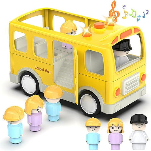 Veslier School Bus Toys with 5 Play Figures for Toddlers, Kids Car Toy with Lights ＆ Sounds 18M+ 2 3 4 5 Year