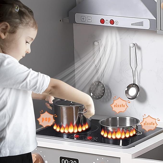 Wooden Play Kitchen, Kids Kitchen Playset with Microwave, Oven, Sink, Real Lights & Sounds,Wooden Chef Pretend Play Set for Boys and Girls
