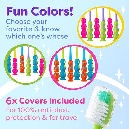 Trueocity Kids Toothbrush 6 Pack - Soft Contoured Bristles - Child Sized Brush Heads (3-10 Year Old) - Suction Cup for Fun & Easy Storage - Girl & Boy Set (6-Pack, Blue & Orange)
