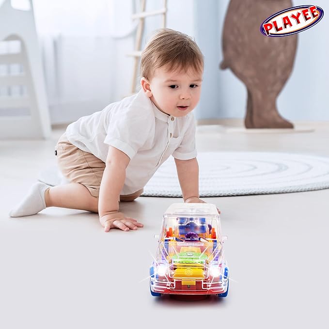 SUV Bump and Go Off Road Vehicle with Moving Gears – Light Up Transparent Toy with Music and LED Lights 8 Inch