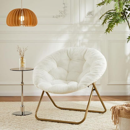 Sweetcrispy Cozy Saucer Chairs Faux Fur Living Room Reading Lounge Furniture Folding Comfy with Soft Thick Padded Seat Metal Frame Modern Style for Bedroom Home Adults, X-Large - White