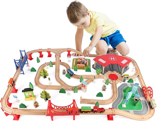 Qilay 140 Pcs Wooden Train Set, Delux Toddler Train Set Railway Kits for Kids 3,4,5 Year