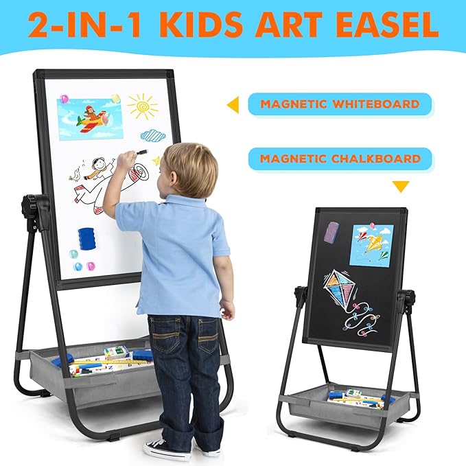 WEYOUNG Easel for Kids Easel for Toddlers, Adjustable Standingg Metal Toddler Easels Whiteboard & Chalkboard for Kids, Magnetic Art Easel for Kids Age 2-4 4-8 9-12, Black