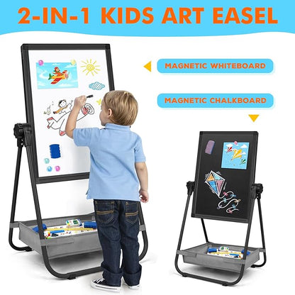 WEYOUNG Easel for Kids Easel for Toddlers, Adjustable Standingg Metal Toddler Easels Whiteboard & Chalkboard for Kids, Magnetic Art Easel for Kids Age 2-4 4-8 9-12, Black