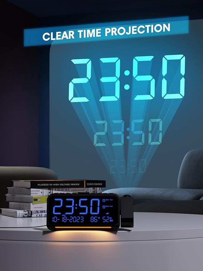 Projection Alarm Clock for Bedroom Ceiling, Digital Clock Projector with Weekday/Weekend Mode, Date, Temperature, Humidity, Type-C USB Charger, Snooze, Dual Alarms, Dimmer,12/24H