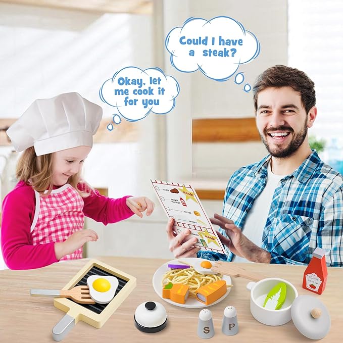 Wooden Play Kitchen Accessories for Toddlers 3-5, Play Food Sets for Kids Kitchen with Costume & Steak & Pasta & Utensils, Pretend Cooking Toys Christmas Birthday Gifts for Girls Boys 3 4 5 6