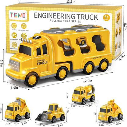 Construction Truck Toys Cars for Toddlers 3-5 - 5-in-1 Friction Power Vehicle Toy 3 4 5 6 Year Old Boys, Cranes Bulldozers Transport Trucks 3-9 Boys