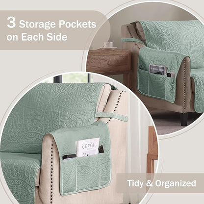 Green Quilted Recliner Covers, Water-Repellent Recliner Slipcovers, Recliner Covers Stay in Place, Pet Friendly Recliner Cover for Dogs, Washable Chair Protector (Recliner 22", Sage Green)