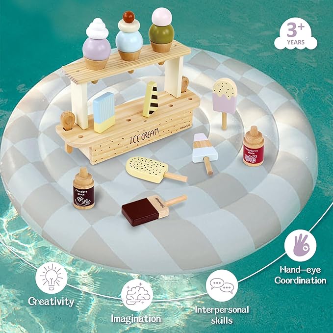 Wooden Ice Cream Toy,Pretend Play Food Toys,Play Ice Cream Counter Set for Kids,Play Kitchen Accessories for Toddlers Girls Boys Ages 3+