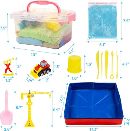 ThinkMax Sand Kit for Kids, 3lbs Sand, 6 Mini Construction Trucks, Construction Toys and Signs, Castle Sand Molds Tools, Foldable Box and Storage Bin Tote, 43PCS Sand Set for Boys Grils