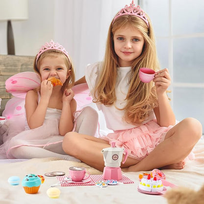 Tea Party Set for Little Girls, 30 Pcs Picnic Basket Set with Carry Case, Teapot, Tea Cup, Dessert & Table Cloth, Pretend Play Toy Gifts for Kids 4 5 6 Year Old (Pink)…