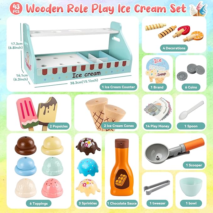 Wooden Ice Cream Toys for Kids, Commodum 43pcs Ice Cream Shop Counter Playset, Kids Pretend Kitchen Play Food Toys with Scoop & Fake Money, Wooden Toys for Toddlers Ages 3+, Christmas Birthday Gifts