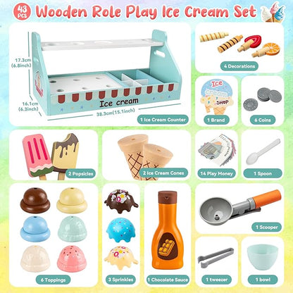 Wooden Ice Cream Toys for Kids, Commodum 43pcs Ice Cream Shop Counter Playset, Kids Pretend Kitchen Play Food Toys with Scoop & Fake Money, Wooden Toys for Toddlers Ages 3+, Christmas Birthday Gifts
