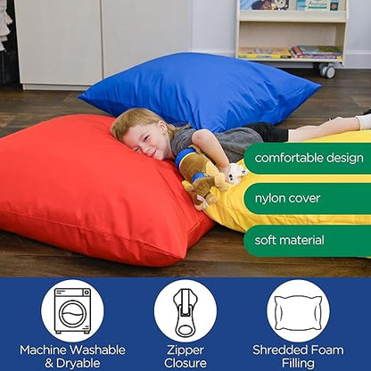 Children's Factory, CF650-507, 27" Cozy Floor Pillows, Set 4, Primary, Flexible Seating Classroom Furniture, Daycare or Preschool Kids Reading Nook