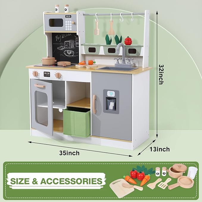 Wooden Farm & Kitchen Playset with Cookware Accessories - Kids Chef Pretend Play Set Featuring Ice Maker, Chalkboard, and Planter Area