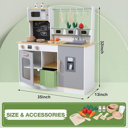 Wooden Farm & Kitchen Playset with Cookware Accessories - Kids Chef Pretend Play Set Featuring Ice Maker, Chalkboard, and Planter Area