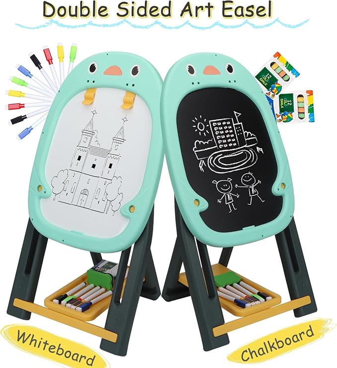 Table Easel for Kids, Double Sided Adjustable Tabletop Drawing Magnetic Easels with Graffiti and Board Game Accessories for Toddlers Boys and Girls (Blue)
