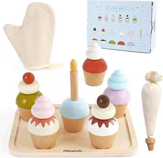 Wooden Cupcakes Toy,Kids Kitchen Playset,Pretend Play Food with Menu,Birthday Cake Toy for Toddlers Boys Girls Ages 3+