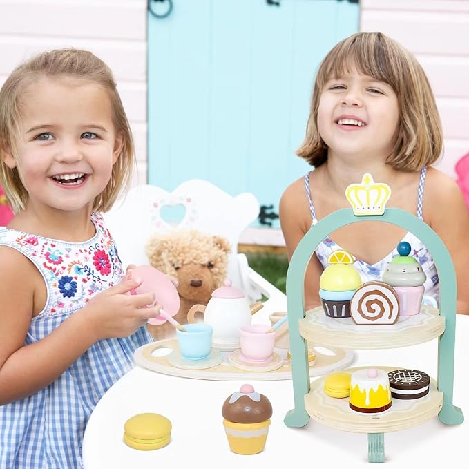 Wooden Tea Party Set for Little Girls, Toys Toddler Tea Set with Pretend Play Toy Cookies & Cake Stand, Kids Kitchen Playset Wooden Toys Birthday Gift for 2 3 4 5 6 Year Old Girls Boys