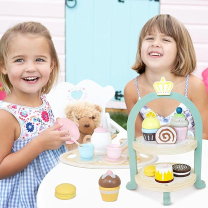 Wooden Tea Party Set for Little Girls, Toys Toddler Tea Set with Pretend Play Toy Cookies & Cake Stand, Kids Kitchen Playset Wooden Toys Birthday Gift for 2 3 4 5 6 Year Old Girls Boys