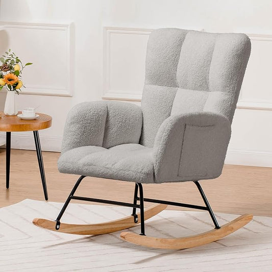COMHOMA Nursery Rocking Chair, Teddy Upholstered Glider Rocking Chair with Side Pockets, Accent Chair with High Backrest Reading Chair for Adult, Nursery, Bedroom, Living Room,Offices (Grey)