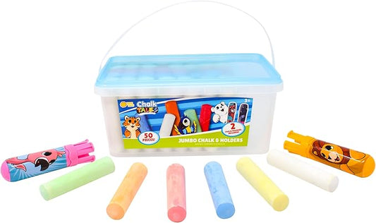Sunny Days Entertainment Jumbo Washable Sidewalk Chalk with Holders and Storage Bucket, Mess Free Fun Kids Art Color & Patterns, Outdoor Playground, Non-Toxic, Washable Art Set (50 count)