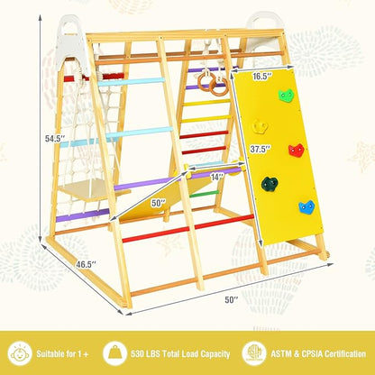Costzon Indoor Jungle Gym, 8-in-1 Montessori Climbing Toys for Toddlers with Slide, Climbing Rock/Net, Monkey Bars, Indoor Wooden Playground Climber Playset for Kids 3-6 Years Birthday