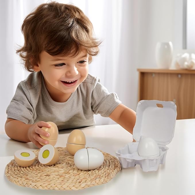 Wooden Eggs, 4PCS Easter Egg Cutting Toys Wooden Play Food Pretend Play Food Sets for Kids Early Development, Christmas Birthday Gifts