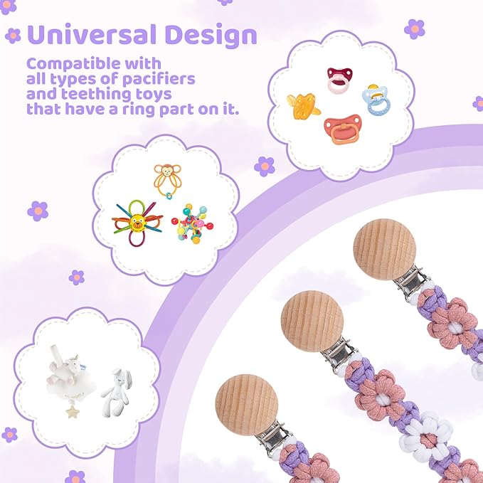Pacifier Clip for Boys Girls Floral Daisy Macrame Baby Paci (2pack:Pink Daisy