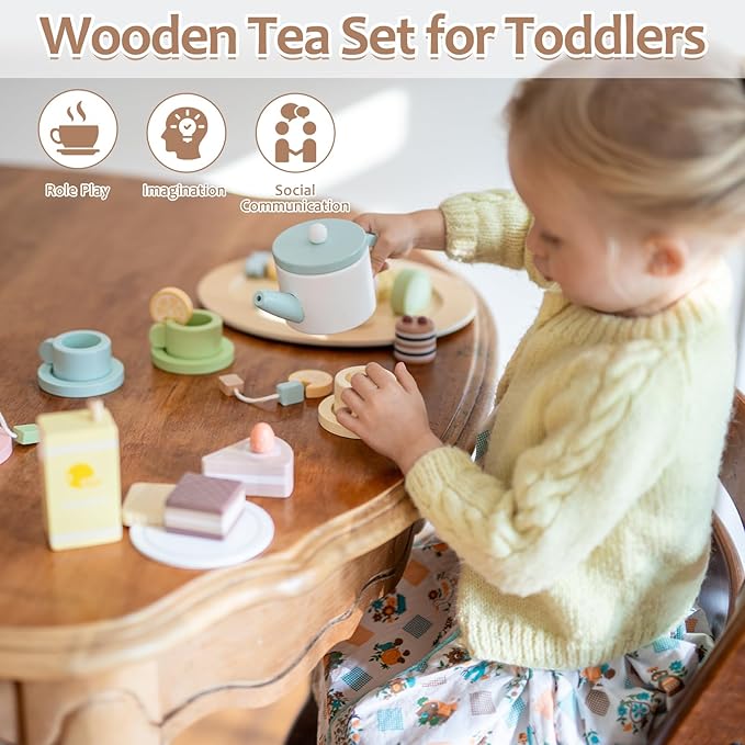 Wooden Tea Party Set for Little Girls, 30 PCS Wooden Tea Set for Toddlers 3-5, Pretend Play Kids Wood Tea Set Toy, Play Kitchen Accessories with Play Food, Improve Imagination
