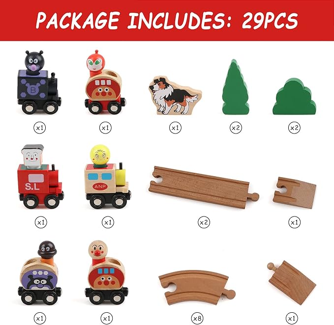 Wooden Train Tracks Set Toys, Train Toys with All-Wood Double Sided Train Tracks 3,4,5 Years