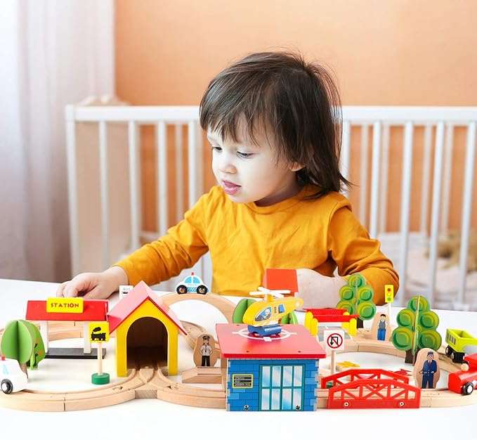 Qilay 69 PCS Wooden Train Set -Premium Wood Train Tracks & Trains Toys for Toddlers 3,4 5 Years