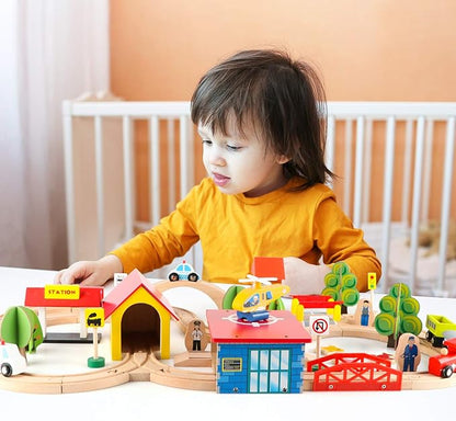 Qilay 69 PCS Wooden Train Set -Premium Wood Train Tracks & Trains Toys for Toddlers 3,4 5 Years